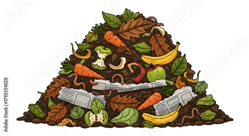 Organic compost pile with fruits, vegetables, and worms, illustrating sustainable waste management and garden fertilization