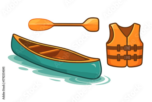 Canoeing and kayaking equipment set including boat, paddle, and orange life jacket
