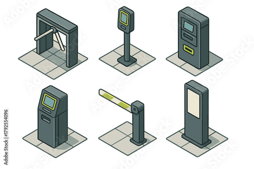 Isometric set of access control and payment systems including turnstile, barrier, and kiosks