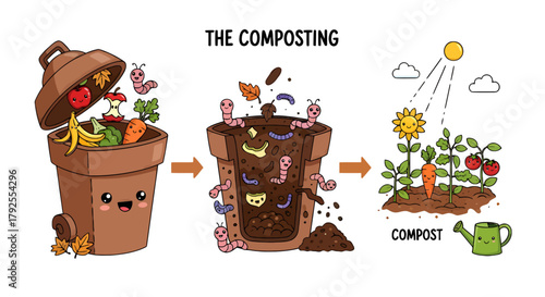 A cute cartoon infographic illustrating the step-by-step process of composting kitchen scraps into nutrient-rich garden soil