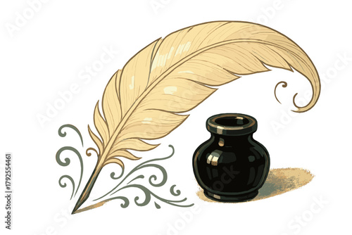 Vintage quill pen and inkwell with decorative flourishes isolated on white background