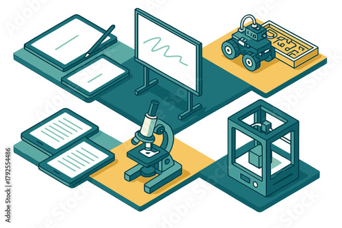 Isometric layout of modern science technology tools for education and research development
