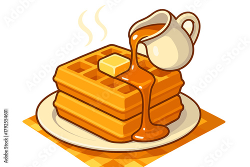 Golden stack of hot waffles topped with melting butter and sweet maple syrup pouring