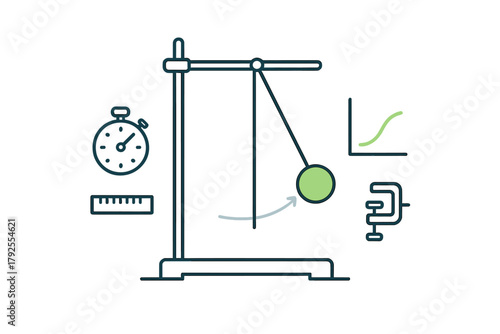 Scientific physics experiment setup illustrating the motion of a simple pendulum with measurement tools like a stopwatch and graph