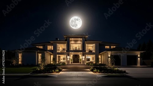 Luxurious Modern Mansion Illuminated Under a Full Moon at Night.