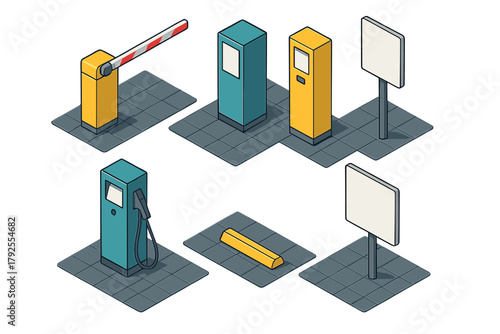 Isometric parking infrastructure components including barrier gate, payment terminal, and EV charger