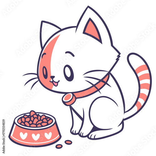 Adorable Cartoon Cat Ready for a Meal: A charming cartoon cat with a pink collar sits patiently beside its heart-decorated food bowl, anticipating a delightful meal.