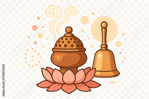 Traditional spiritual items including an incense burner, golden bell, and lotus flower