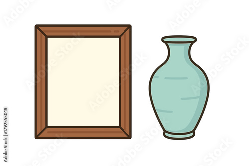 Minimalist wooden frame and elegant turquoise ceramic vase isolated on white