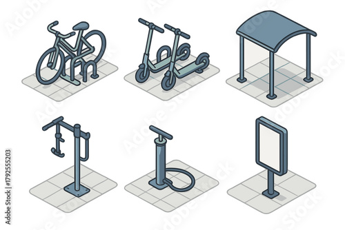 Isometric urban infrastructure set with bicycle rack, electric scooters, bus stop, repair stand, tire pump, and blank vertical sign