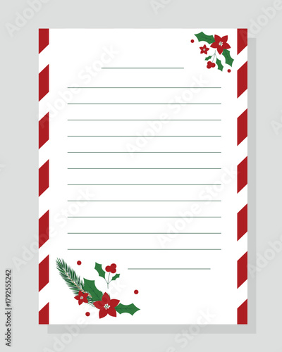 Printable Template of Letter to Santa Claus. Christmas wishlist with holiday decor. Vector illustration. Layout in A4 size.