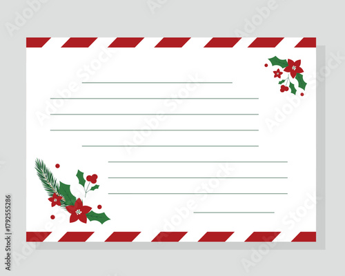 Horizontal Template for Christmas greeting card, Letter to Santa Claus, wishlist. Vector illustration. Layout in A4 size.