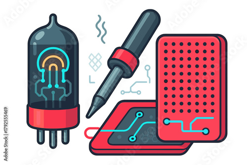 Glowing vacuum tube, soldering iron, and prototyping board for electronics engineering projects