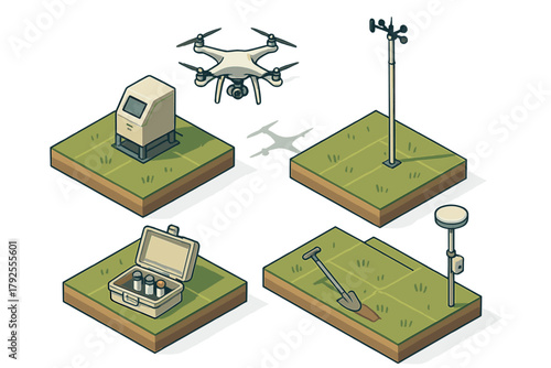 Modern agricultural technology equipment collection with drone, weather sensor, soil testing kit, and GPS device
