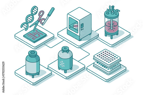 Isometric set of essential equipment used in biotechnology and genetic engineering laboratory research