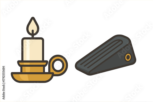 Burning candle in a brass holder and a rubber door wedge stopper simple graphic design
