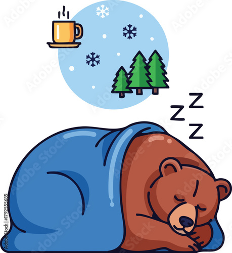 A cute brown bear sleeps wrapped in a blue blanket with a thought bubble showing a winter scene and a steaming cup of coffee, conveying a cozy and peaceful mood.