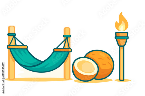 Hanging hammock, fresh coconuts, and bright tiki torch symbolizing tropical summer vacation