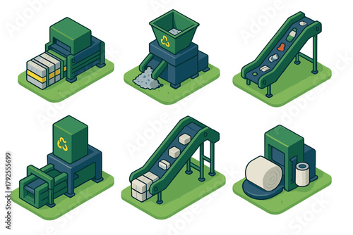Isometric recycling factory equipment, balers, shredders, and conveyor belts for waste processing