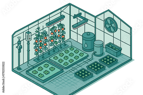 Advanced hydroponic greenhouse system cultivating fresh tomatoes and young seedlings