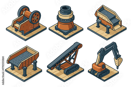 Heavy machinery and equipment set for mining, quarrying, and rock crushing operations