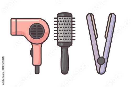 Collection of essential hair styling equipment including blow dryer, round brush, and flat iron