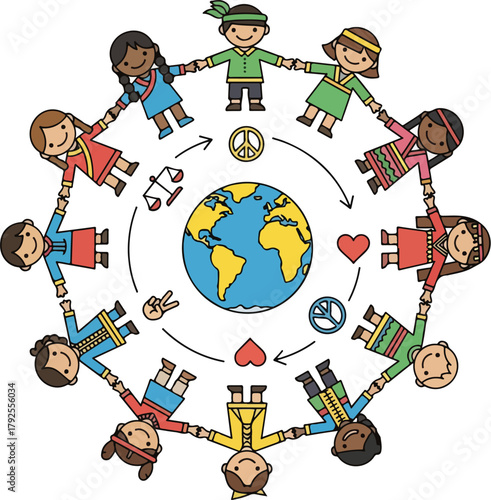 Diverse children standing in a circle with hands clasped around the Earth, surrounded by peace signs and hearts on a white background, conveying unity for Human Rights Day.