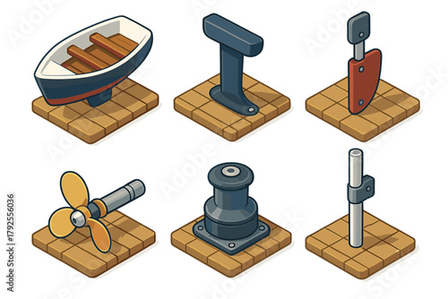 Isometric nautical equipment featuring boat propeller winch and rudder elements