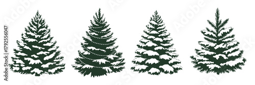 Set of dark green pine tree silhouettes with white snow patches, arranged horizontally on transparent background, minimalist vector illustration with uniform, clean composition.