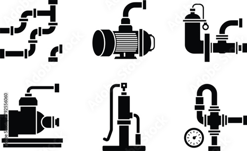 Pumping Equipment and Pipe Fittings Icons Set with Gauge vector illustration