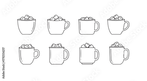 Collection of eight hand drawn coffee mugs with whipped cream silhouette