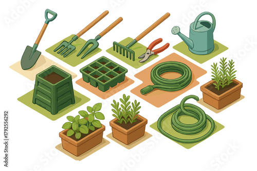 Isometric collection of gardening tools, equipment, potted herbs, and supplies