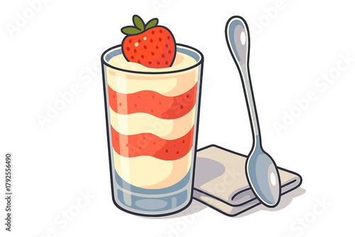 Delicious layered strawberry dessert parfait served in a tall glass with a spoon and napkin
