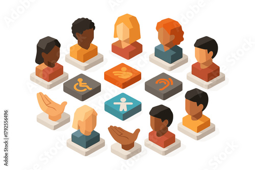 Modern isometric icons representing diversity, inclusion, and accessibility symbols