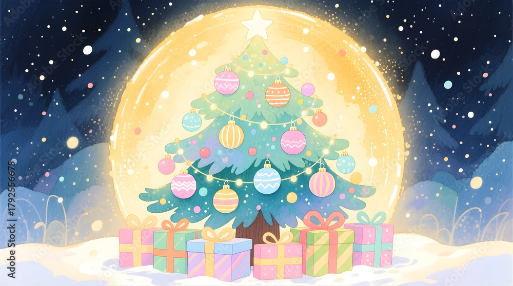 Naklejka premium Whimsical watercolor holiday tree with ornaments in pastel hues, wrapped presents below, soft golden halo glow — playful and artistic.