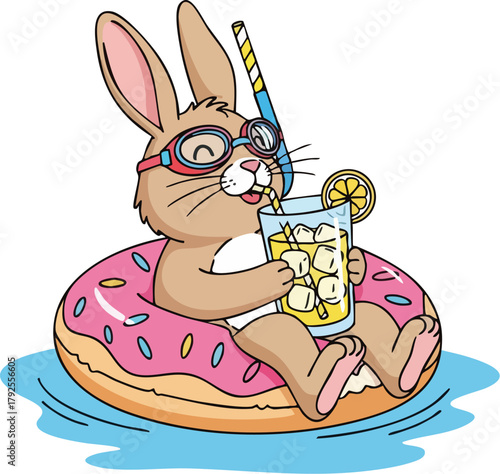 A cartoon rabbit wearing goggles floats on a pink donut-shaped raft in water, holding a drink with a straw and lemon slice.