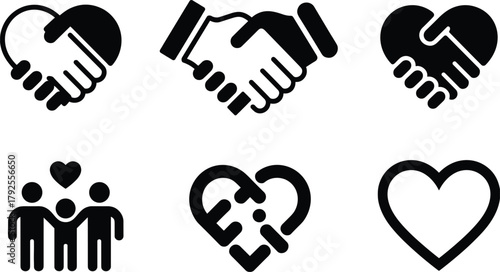 Set of Six Black and White Friendship and Love Icons symbol handshake