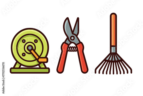 Collection of common gardening tools: hose reel, pruning shears, and leaf rake