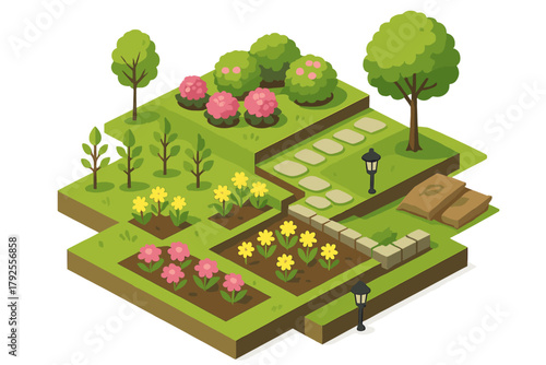 Isometric park design featuring lush green grass, flower beds, and winding path