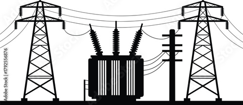 Silhouette of electrical transformer and power line towers power lines power towers