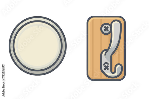 Round volume control dial and wall-mounted coat hook household hardware items