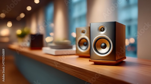 Stylish high-end stereo speakers on a wooden shelf. Premium quality home audio system, modern interior, close-up.