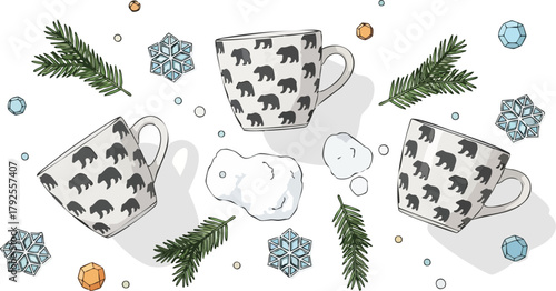 Flat lay of three bear-patterned coffee cups, evergreen branches, snowflakes, and ornaments on a white background with a festive holiday theme.