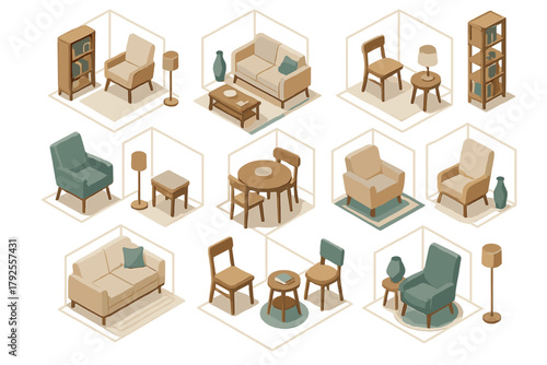 Isometric furniture elements set including sofas, chairs, tables, and lamps for interior design