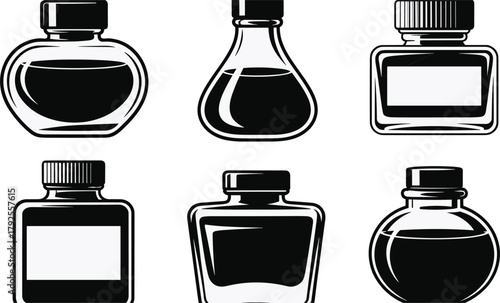 Six Black and White Ink Bottle Silhouettes with Different Shapes inkwell container
