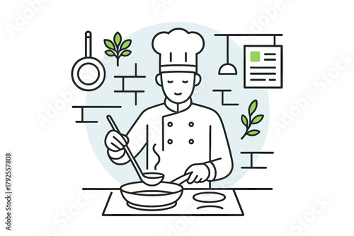 Male chef in uniform stirring ingredients in a pan with a ladle surrounded by cooking elements
