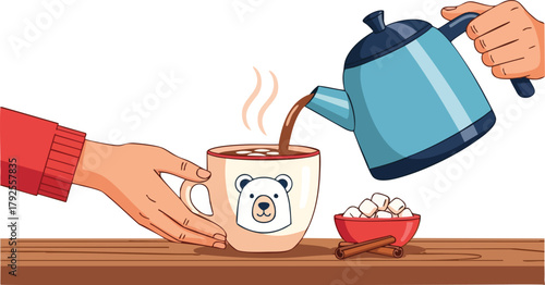 A hand pouring hot coffee from a blue kettle into a bearista cup with a cute bear design on a wooden table.