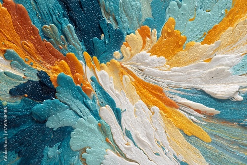 abstract burst of blue orange and white paint