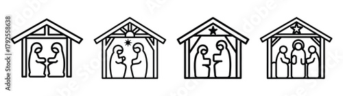 nativity scene line art icon set. Christmas outline Vector illustration icons.