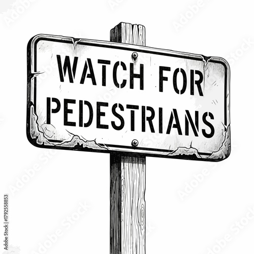 Illustration of vintage road sign urging caution for pedestrian safety